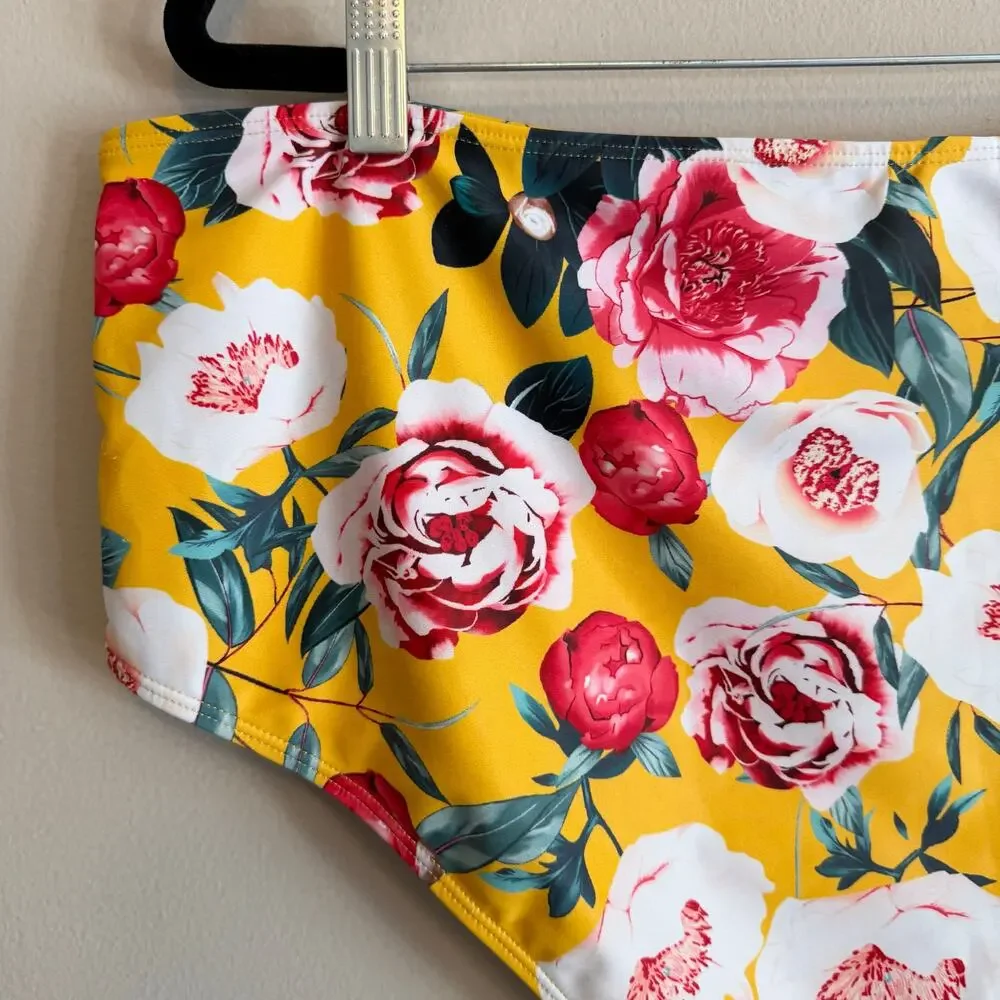 Womens‎ Yellow Floral Print Ruffle High Waist Bikini Set Swimwear 3XL